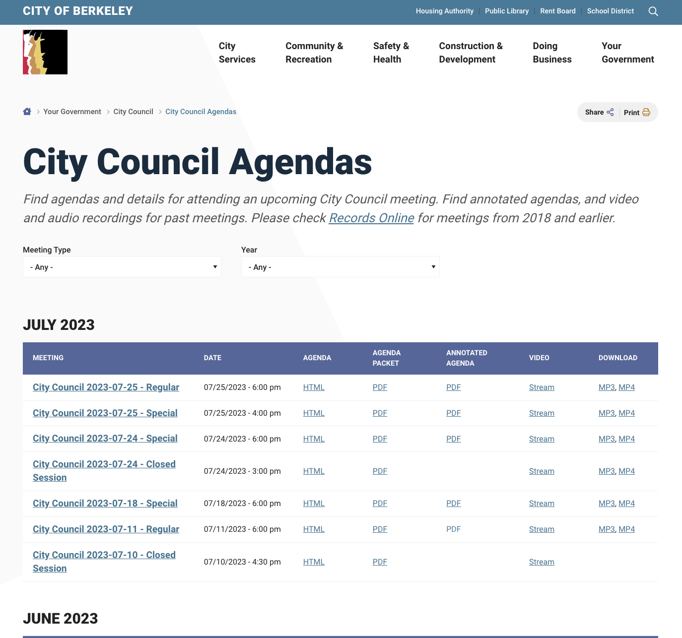 screencap of agendas page