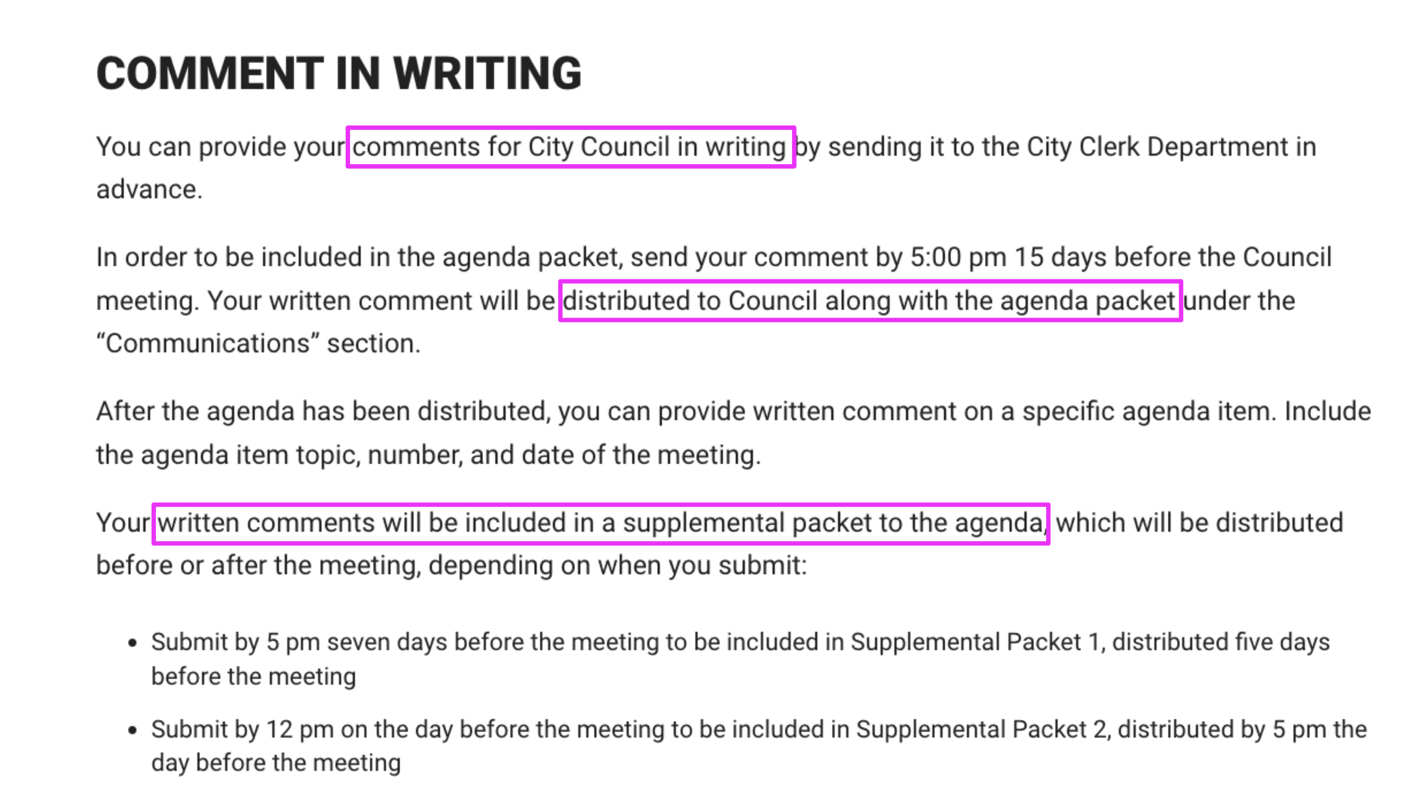 screencap of comment in writing section of berkeley's 'participating in city council meetings' page