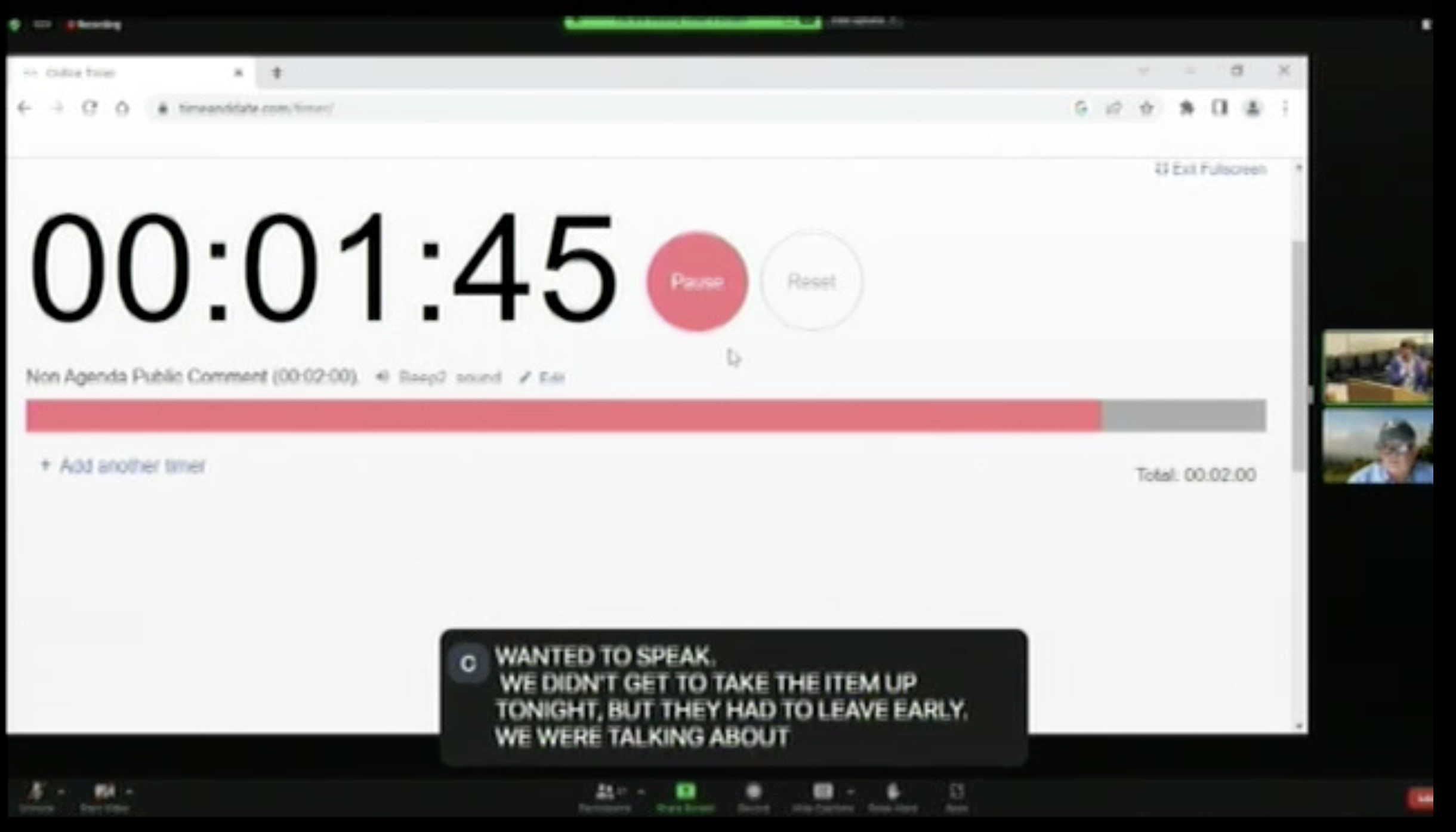 screencap from recent meeting showing 2 min timer