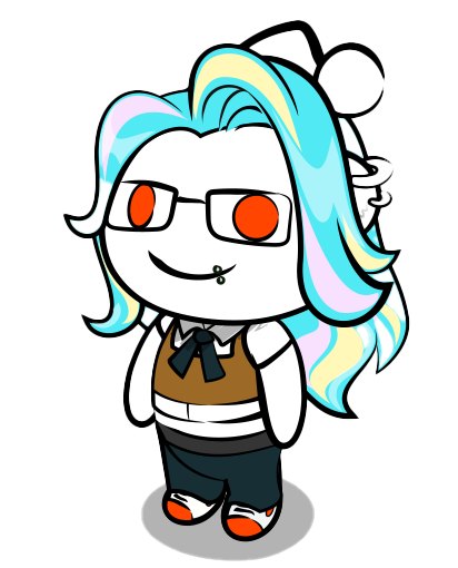 my reddit avatar, a colorful alien wearing a vest and lavallière